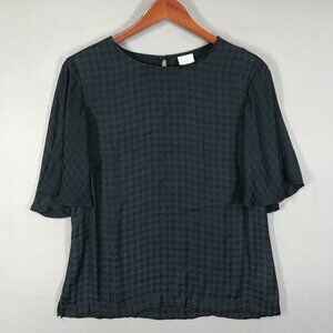 A New Day Blouse Women's Medium Black Houndstooth Popover Top Button Bell Sleeve